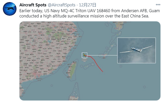 Aircraft Spots于12月27日公布的MQ-4C無人機在東海飛行路線