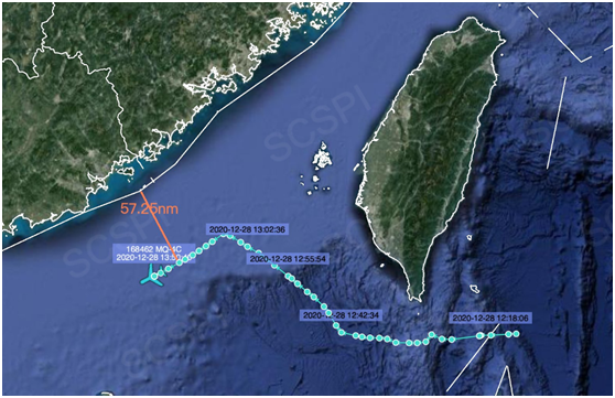 “南海戰(zhàn)略態(tài)勢感知”計劃平臺12月28日發(fā)布的美軍MQ-4C無人機飛行路線